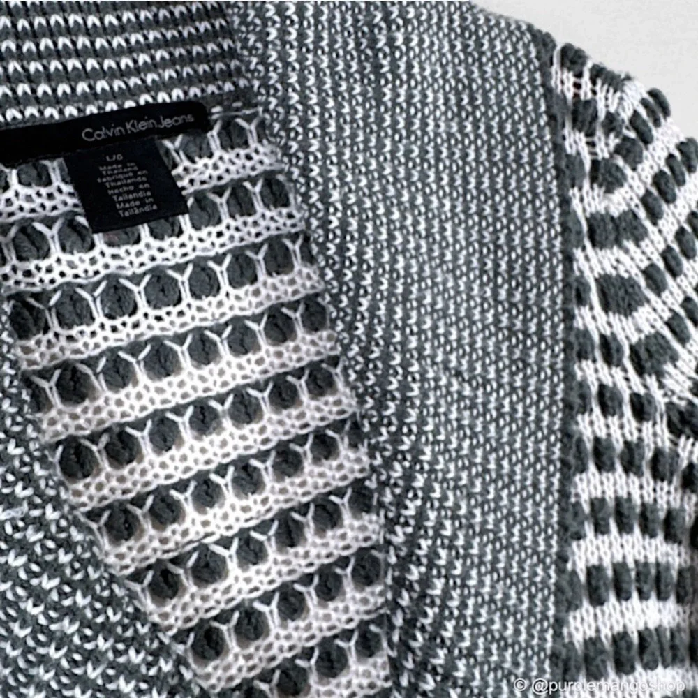 CALVIN KLEIN JEANS Open Knit Shawl Collar Cardigan | Gray & White | W |‎ LARGE